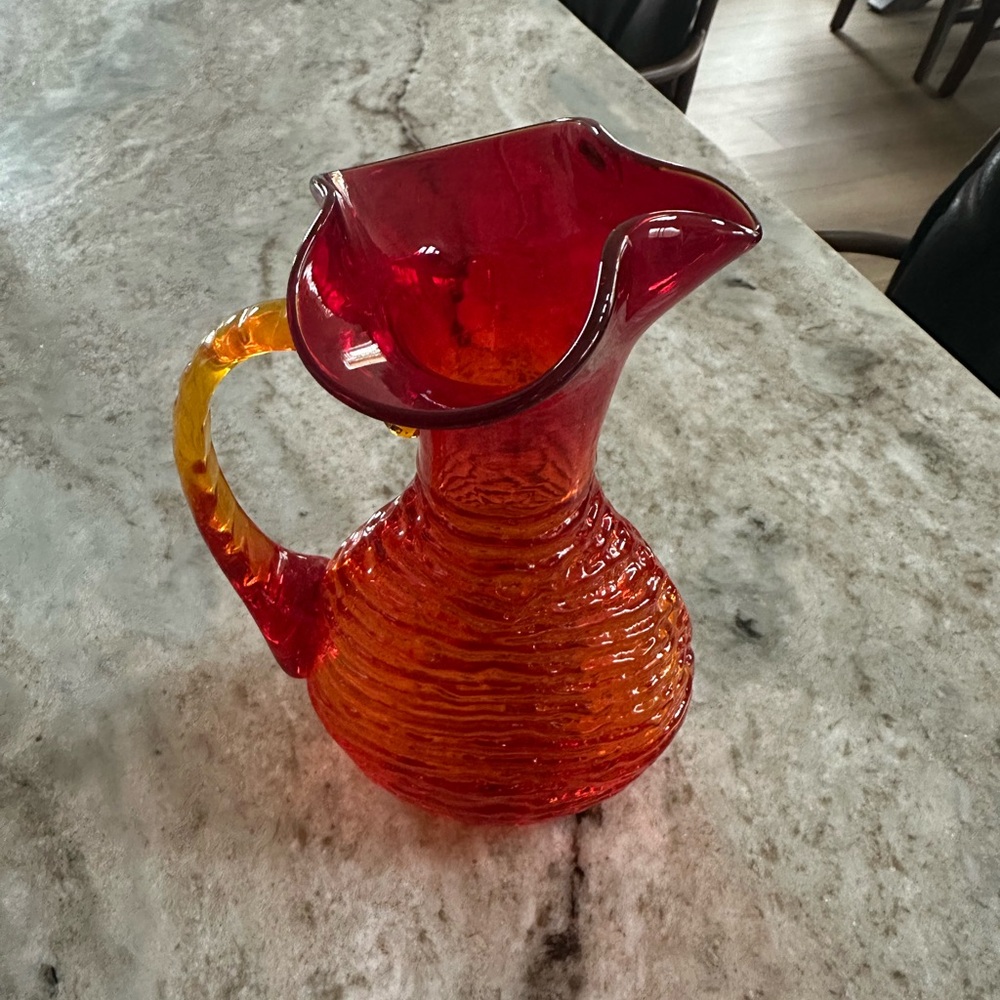 Vibrant Red and Orange 7.5” Amberina Hand Blown Textured Vintage Glass Pitcher